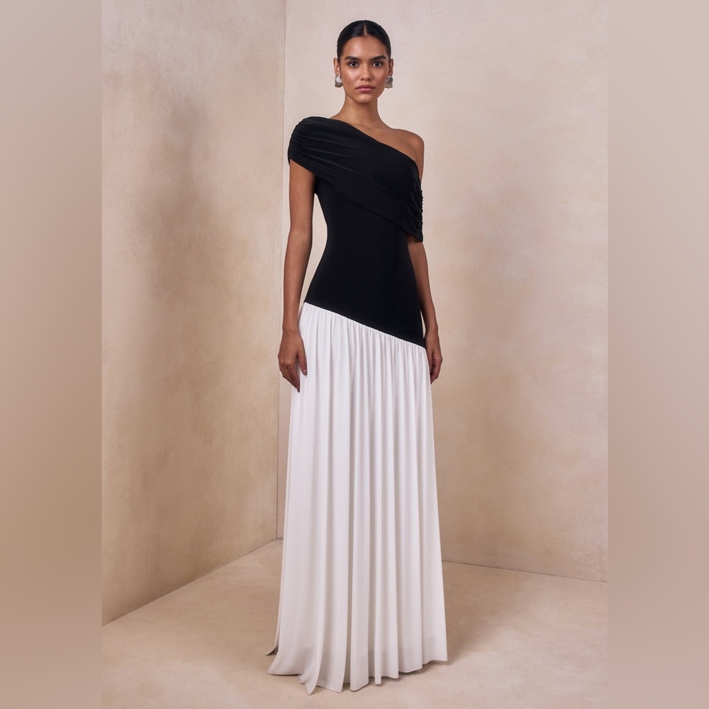 Club L London DOROYTA Cream White Asymmetric-Neck drop waist  Maxi Dress Sz 12 - Picture 9 of 12